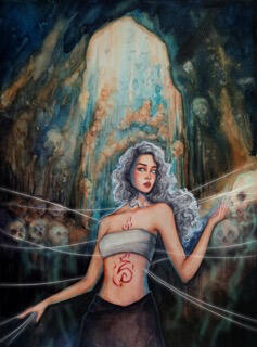 A white woman with silver hair and glowing silver eyes is in an ossuary dressed in a cream top and brown pants. Her hands are connected to silver threads and a bloody rune is carved in her chest. Art by polarts_iv on ig